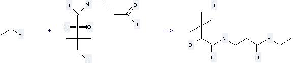 D-Pantothenic acid can be used to produce 3-(2,4-dihydroxy-3,3-dimethyl-butyrylamino)-thiopropionic acid S-ethyl ester at the temperature of 0 - 20 °C